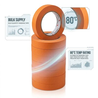 Proveedor chino al por mayor cinta de enmascarar naranja para reparación de automóviles resistente al calor de 80 grados con alta viscosidad, personalizable con embalaje original